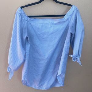 Oversized off the shoulder 3/4 sleeve pin striped cotton blouse Small